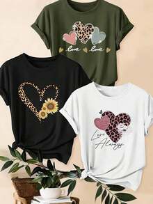 LUNE Set de 3 camisetas de tallas grandes con estampado de leopardo, corazón y lema gráfico, para verano - Multicolor 5 - Ver 1