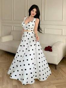 Conjunto de 2 piezas de top sin mangas y falda con estampado de lunares para mujer - Blanco y Negro - Ver 3