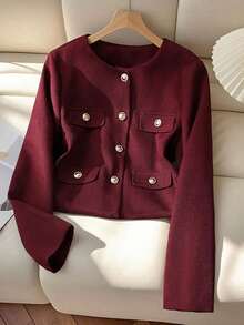 Chaqueta corta, casual y elegante de un solo pecho de unicolor y manga larga para mujer, delgada, para primavera/otoño - Burdeos - Ver 7