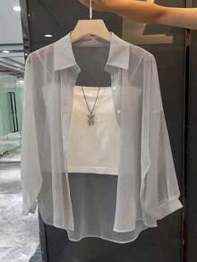 Blusa minimalista de unicolor transparente con cuello vuelto, blusas de manga larga - Gris - Ver 1