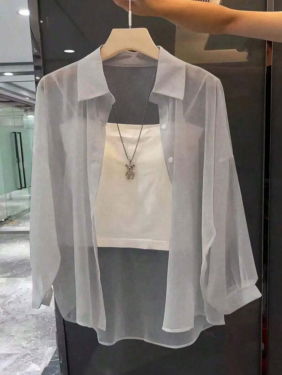 Blusa minimalista de unicolor transparente con cuello vuelto, blusas de manga larga - Gris - Ver 1