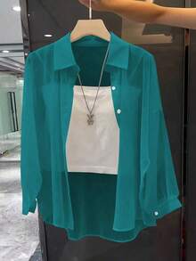 Blusa minimalista de unicolor transparente con cuello vuelto, blusas de manga larga - Agua verde azul 2 - Ver 7