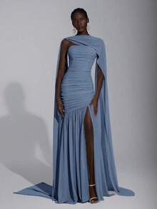 Elegante vestido de gasa de color crema amarillo, sencillo y elegante, con cuello halter (lentejuelas desmontables), busto fruncido, bajo de malla transparente y cola de pez, adecuado para citas, vacaciones, bodas y eventos de damas de honor - Niebla azul - Ver 4
