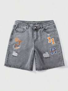 ROMWE MEN Street Life Pantalones cortos de mezclilla con estampado de letras desgastado, casual para hombre, de verano - Gris - Ver 7