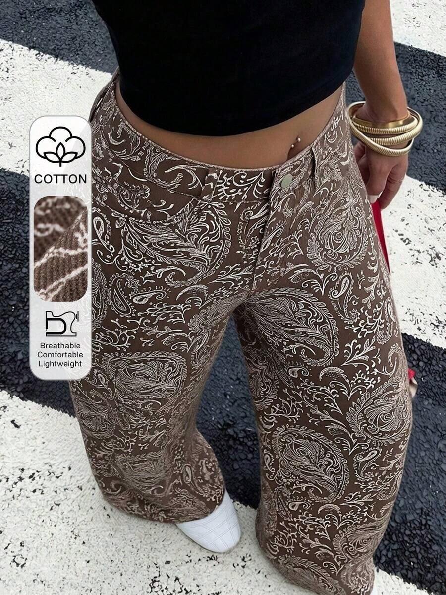 Jeans anchos y sueltos con estampado de leopardo, estilo casual y chic de la calle para uso diario - Marrón 3 - Ver 1