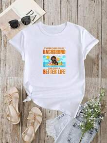 Women's Short-Sleeve Casual Crew Neck T-Shirt With Dachshund Graphic Print, 100% Cotton, Casual Blouses For Women - 白色的 - 查看 3