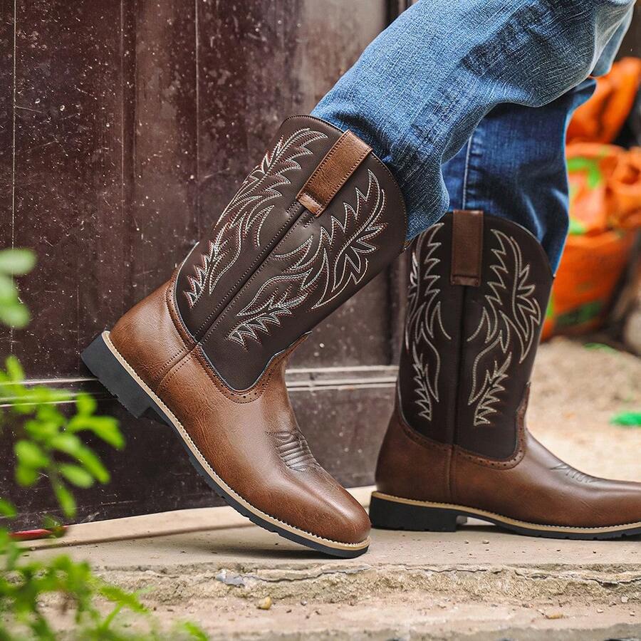 Striped Western Style Faux Leather Textured Western Boots, Outdoor Wear For Men, All Season - Brown - View 1