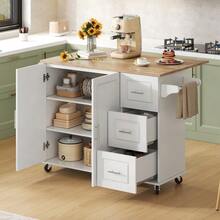 Large Mobile Kitchen Table L137*W43(76)*H92cm, Oak Top, Foldable, Multifunctional Furniture, 3 Drawers, Towel Rack, Ideal For The Kitchen, Dining Room, Home - White - View 5