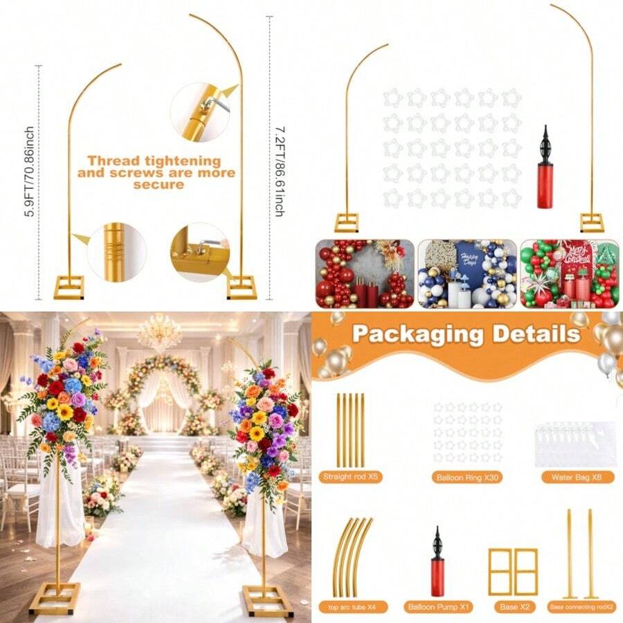 Kit de soporte de arco de globo de 8 pies y 6 pies con base resistente, viene con 8 bolsas de relleno de agua, marco de metal para bodas, cumpleaños, decoración de fondo de fiesta incluye clips de - Aire - Ver 1