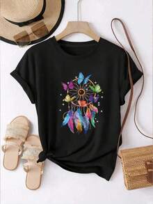 Camiseta Casual para Mujer con Estampado de Atrapasueños y Mariposas, Negra, Manga Corta, Cuello Redondo, Hombros Caídos, Tejido de Punto con Elasticidad Media para Uso Diario Y1CS - Negro - Ver 2
