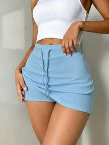 Minifalda de mujer con cintura baja y cordón, para verano - Azul - Ver 3