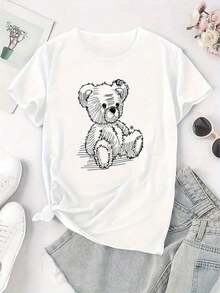 Camiseta de talla grande para mujer, de manga corta, color sólido, estilo casual, holgada, para primavera y verano, de poliéster, con estampado creativo de oso, a la moda, de manga corta, sencilla, casual, deportiva, cómoda para vacaciones, transpirable y confortable. - Blanco - Ver 2