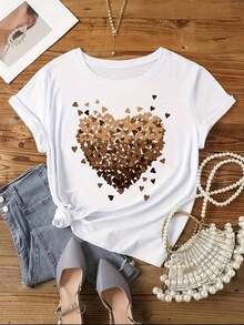 Plus Size Short Sleeve T-Shirts For Women, Ideal For Summer, Basic Everyday Tops, Women's Short Sleeve T-Shirt With Large Heart Print, Breathable And Comfortable. - 白色 - 查看 11