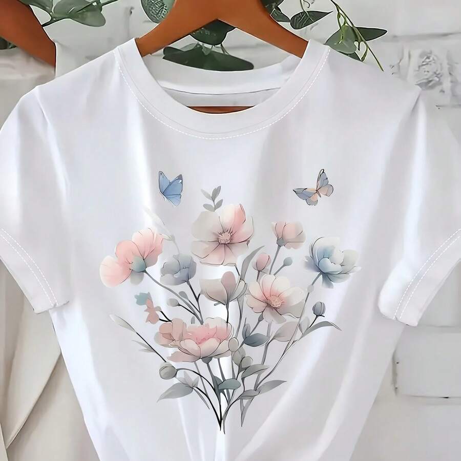 Women's T-Shirt With "C" Letter Print And Gold Text, Short Sleeve - White - View 1