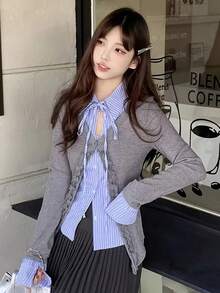 アカデミック風ブルーアウター レディースイヤーマフ付きカーディガン 春新款おしゃれニットセットアップ 女子会コーデに似合うトップス 防風イヤーマフファッション 上品ブルー2点セット 大人女子向け開襟カーディガン 学院系カラー着回しやすいブルートップス 通勤OKフォーマル感ある配色 - ベビーブルー - チェックする 4