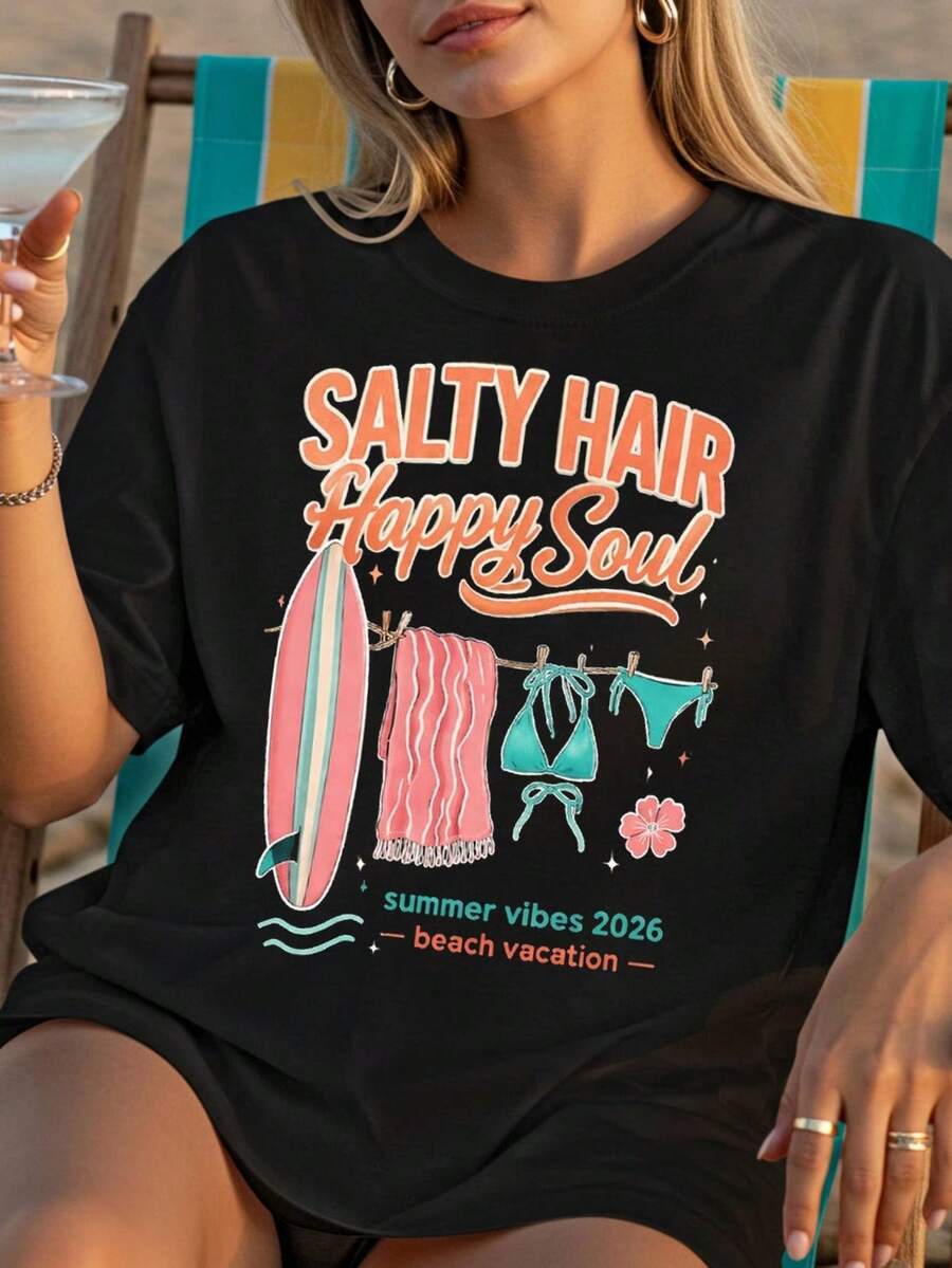 Camiseta Salty Hair Happy Soul Beach Vacation T1EE Summer Vibes Shirt Surf Beach T1EE Tropical Summer Shirt Beach Regalo para amantes de la playa. Camiseta unisex de algodón puro de 220 g, peso ideal para todas las estaciones, adecuada tanto para hombres como para mujeres. Tejido duradero de alta calidad, suave al tacto y de larga duración. Top transpirable. Adecuado para la primavera y el verano de las mujeres, vacaciones, Día de la Madre, Día de la Independencia. - Negro - Ver 1