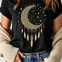 Women's Bohemian Style Pure Cotton T-Shirt With Moon And Stars Print - Featuring A Dreamcatcher And Crescent Moon Design, Casual Short-Sleeved Top With A Semi-Sheer Round Neck, 100% Comfortable For All Seasons, Suitable For Daily Wear And Themed Occasions - Machine Washable Bohemian Style T-Shirt, Spring Fashion, Whimsical Design, Soft Fabric, Printed Shirt, A Great Choice For Holiday Parties. - 黑色 - 查看 6