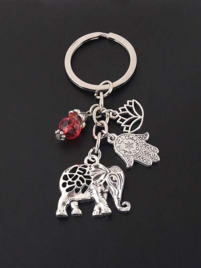 1pc Vintage Elephant Palm Lotus Bead Bohemian Style Keychain Amulet DIY Bag Charm