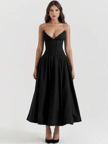 Vestido primaveral strapless con corsé estructural espalda descubierta corte A elegante sensual y moderno estilo moda europea para mujer - Negro - Ver 12