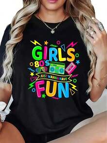 Camiseta Casual Vintage de los 80 para Mujer - Estampado Atrevido Just Want to Have Fun, Top Retro Negro con Colores Neón, Atuendo para de Cumpleaños o Graduación, Camiseta Suave para Uso Diario, Ropa para Eventos Temáticos, Estampado Divertido y Estilo Cómodo - Camiseta Vintage de Estilo Urbano Unisex, Holgada, de Algodón, Manga Corta y Cuello Redondo. (Estilo casual, estilo retro, unisex) - Negro - Ver 1