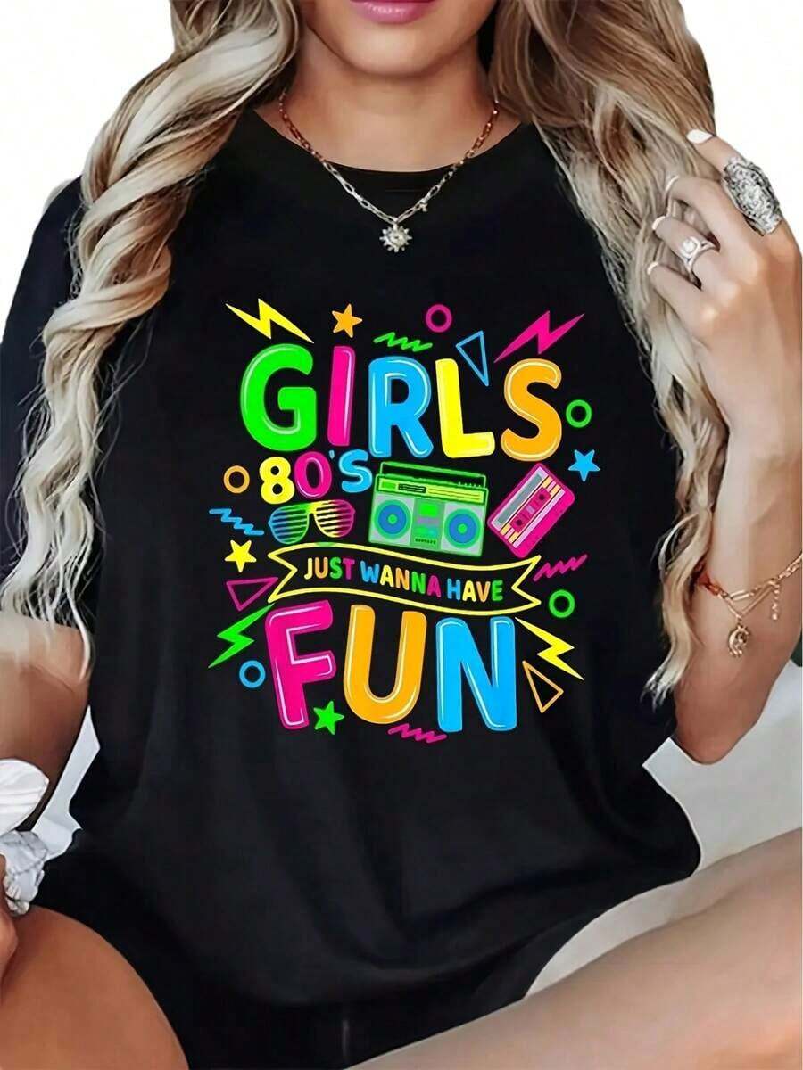 Camiseta Casual Vintage de los 80 para Mujer - Estampado Atrevido Just Want to Have Fun, Top Retro Negro con Colores Neón, Atuendo para de Cumpleaños o Graduación, Camiseta Suave para Uso Diario, Ropa para Eventos Temáticos, Estampado Divertido y Estilo Cómodo - Camiseta Vintage de Estilo Urbano Unisex, Holgada, de Algodón, Manga Corta y Cuello Redondo. (Estilo casual, estilo retro, unisex) - Negro - Ver 1