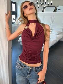 Top Halter 2026 Primavera ajustado con lazos - Burdeos - Ver 6
