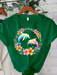 Plus Size Women's Clothing, Short-Sleeved T-Shirt With Round Neck And Colorful Dolphin And Marine Life Print, Adorned With Floral And Dolphin Motifs, Casual Shirt For Spring, Summer And Autumn, Suitable For Everyday Wear And As A Gift For The Holidays (Halloween, Christmas) - Machine Washable. Gift Idea. - 綠色 - 查看 7