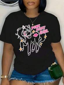 White T-Shirt With Graphic Print Of Girl With Pink Pony - Women's Urban Casual Clothing, Perfect For Daily Wear And Fashion Outings. - 黑色 - 查看 10
