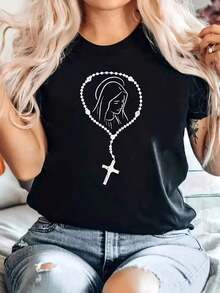 Under The RadarCamiseta Católica de la Virgen María para Mujeres y Unisex - Manga Corta Suave y Transpirable con Cuello Redondo, Estampado del Rosario y la Virgen María - Ropa Religiosa de Fe para Iglesia, Oración o Uso Casual (/Blanco)-Vintage Street Style Unisex Loose Cotton Short Sleeve Crew Neck T-Shirt - Negro - Ver 7