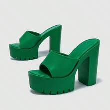 European And American Style Platform Waterproof Chunky Heel Sandals, Open Toe, Simple, Versatile High-Heeled Slippers For Commuting And Wearing Alone. - Green - View 5