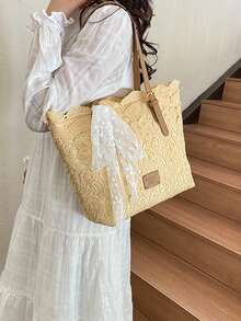 Bolso de hombro de gran capacidad con diseño de nicho, estilo fresco y literario, decorado con lazo, moda casual, adecuado para vacaciones, uso diario y días festivos - Caqui - Ver 4