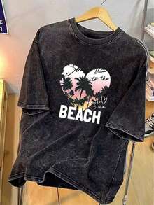 Black Short-Sleeved T-Shirt Made Of 100% Pure Cotton (230g), Vintage Washed Style - Unisex Loose-Fit T-Shirt With Palm Tree And Sunset Print On The Beach, Comfortable And Casual Urban Style For All Seasons, Machine Washable, Plus Size. - 黑色 - 查看 1
