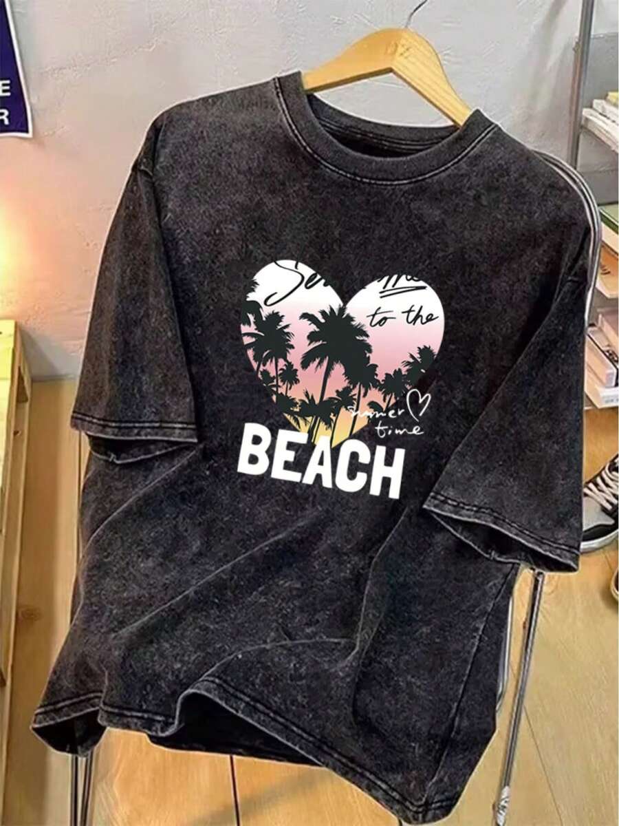 Black Short-Sleeved T-Shirt Made Of 100% Pure Cotton (230g), Vintage Washed Style - Unisex Loose-Fit T-Shirt With Palm Tree And Sunset Print On The Beach, Comfortable And Casual Urban Style For All Seasons, Machine Washable, Plus Size. - 黑色 - 查看 1