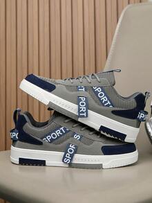 Sepatu Sneakers Kasual Low-Top Gaya Jalanan Pria dengan Motif Acak yang Dipersonalisasi, Sepatu Santai Luar Ruangan Retro Minimalis Patchwork untuk Remaja, Cocok untuk Semua Musim - abu-abu biru - View 6