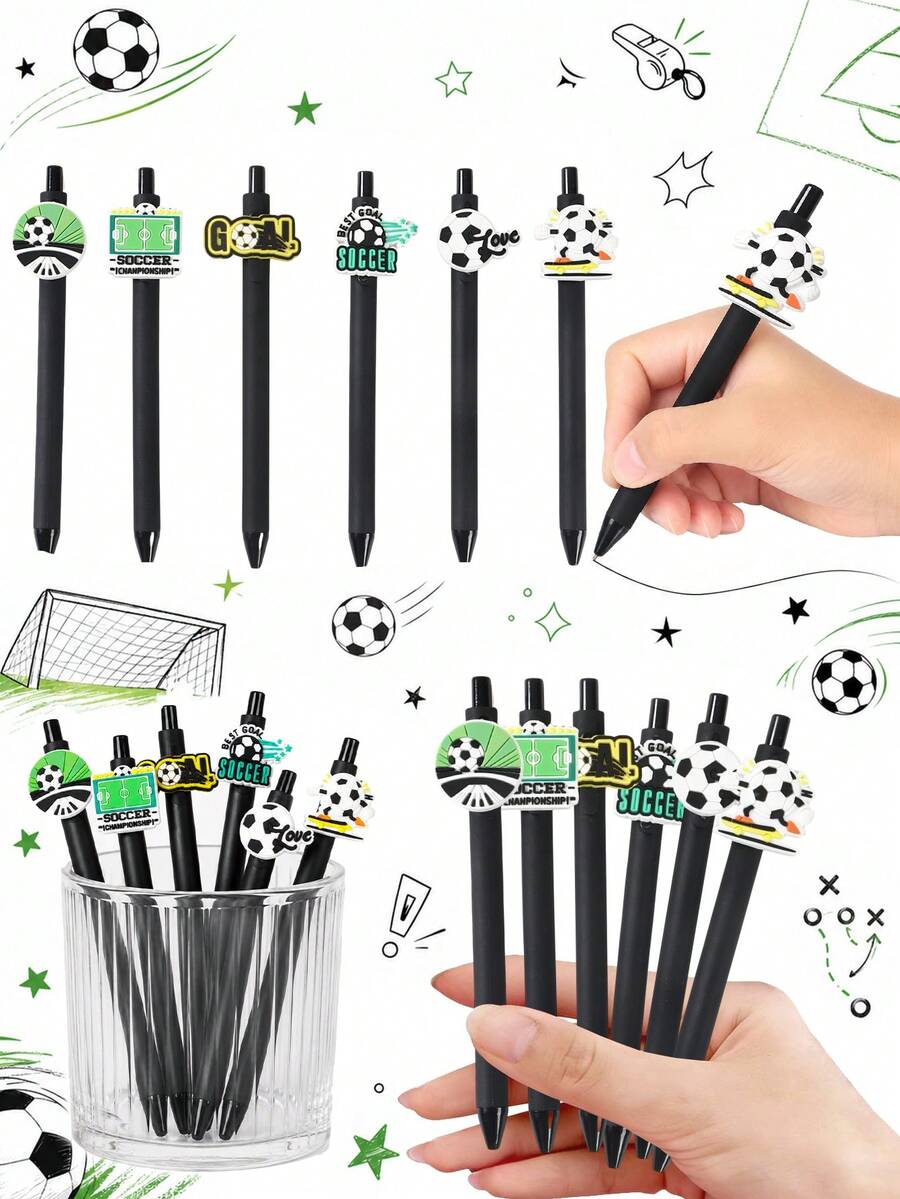 Bộ 6 bút bi mực đen, họa tiết bóng đá, viết trơn tru, thích hợp cho văn phòng, lớp học, văn phòng phẩm, thanh thiếu niên, người lớn, gia đình, thi cử, tiệc sinh nhật, tiệc tiết lộ giới tính, tiệc mừng em bé, quà tặng cho người hâm mộ bóng đá, tiệc theo chủ đề bóng đá.