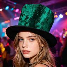 Velvet Vintage Dramatic All Seasons Top Hat, Distressed Texture, Relaxed Fit, Perfect For Themed Party, Halloween Cosplay, Stage Performance - Green - View 5