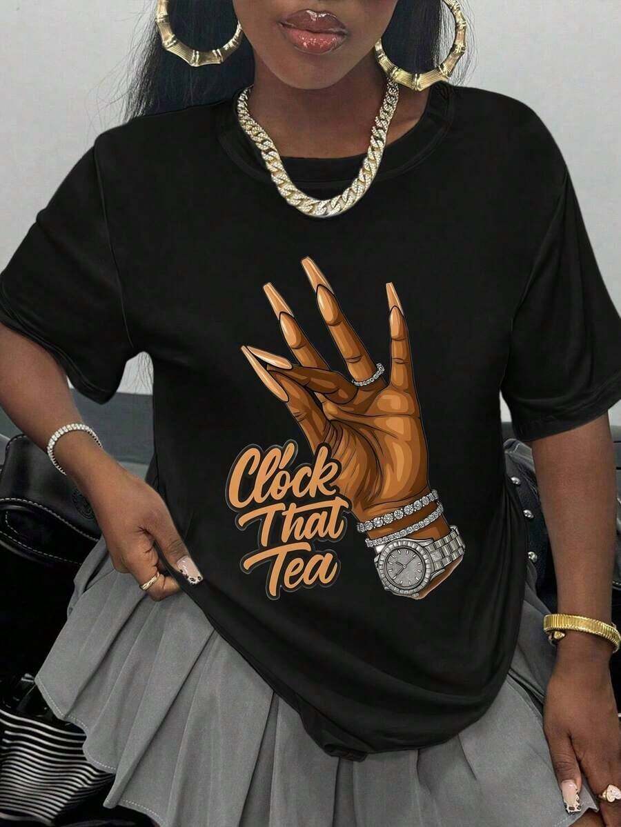 FunnyClock Tea Wo'S Casual Sports T-Shirt, Soft And Stretchy Short Sleeves, Perfect For Spring, Summer, And Autumn Outfits. Made Of Breathable Fabric, This T-Shirt Makes A Great Gift For Loved Ones, With A Halloween-Themed Short-Sleeve Design Perfect For Summer. - 黑色 - 查看 1