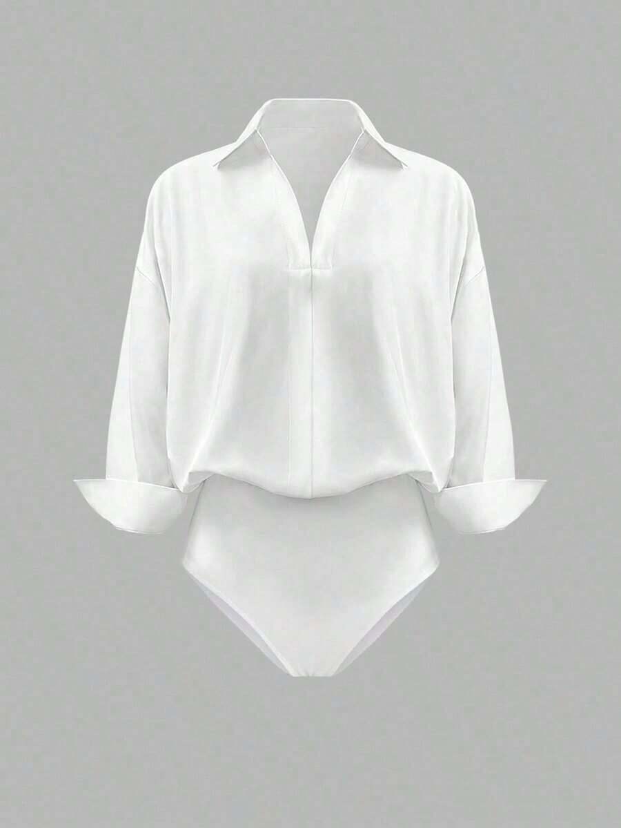 Body de manga larga y unicolor elegante para mujer - Blanco - Ver 1
