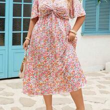 CURVE+ Plus Size Women's Floral Ruffle Short Sleeve Casual Vacation Dress, Summer Clothing - Rosa - Ver 7