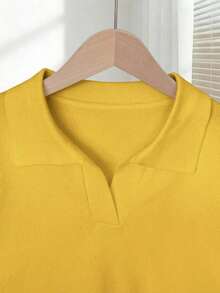 New 2026 Collection: Women's Solid Color Fitted Knit Blouse, Spring/Summer, White, Simple, Casual, With Roll Neck And Raglan Short Sleeves. Solid Color Blouses, Pink Blouses, Baby Pink Blouses. - 芥末黃 - 查看 3