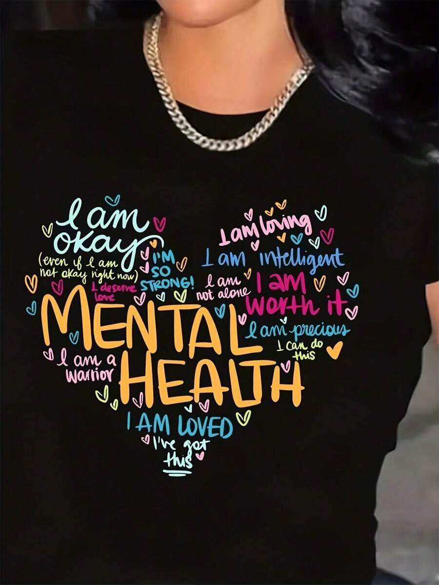Short-Sleeved T-Shirt With Round Neck, Printed With Motifs Raising Awareness About Women's Mental Health, Casual And Modern Style, Comfortable Fit, Machine Washable, Spring And Summer Clothing For Women, Suitable For Family Gatherings And Travel. - 白色 - 查看 1