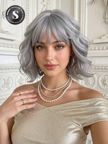 10 Inch Light Brown Wavy Bob Wig With Bangs, Natural Silky Texture Heat Resistant Synthetic Hair, Anti-Tangle Anti-Shedding Breathable Cap, Realistic Look Trending Viral Hairstyle For Daily Wear, Party, And Photoshoot Popular Women Hair Accessory - 淺灰色 - 查看 1