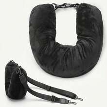 Soft Plush Black Fillable Travel Neck Pillow, U-Shaped Pillow With Adjustable Strap For Adults, Portable Comfort Pillow For Airplane, Car, Office, And Everyday Travel - màu đen - Xem 7
