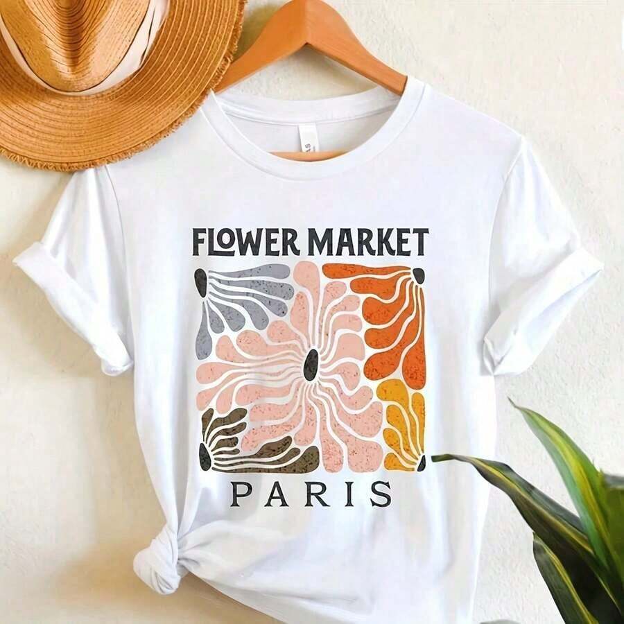 Camisa de Mercado de Flores, Camisa Floral, Camisa Boho con Flores Silvestres, Camisa con Ilustraciones Botánicas, Camiseta Vintage con Flores, Camisas con Estampado de Flores Abstractas, Blusas para Mujer, Camisas Estampadas de Manga Corta de una Pieza - Blanco - Ver 1