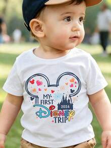 Disney Kids' Spring And Summer Crew Neck Short-Sleeve T-Shirt With "My First Disney Trip 2026" Print. Made Of 100% Soft Cotton, Suitable For Boys And Girls For School, Parties, Outdoor Activities And Trips To Disneyland. - trắng - Xem 1