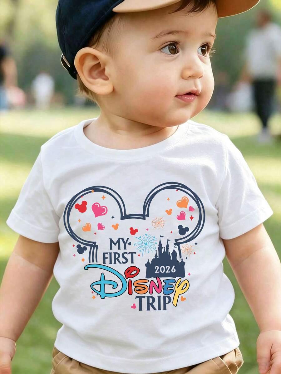 Disney Kids' Spring And Summer Crew Neck Short-Sleeve T-Shirt With "My First Disney Trip 2026" Print. Made Of 100% Soft Cotton, Suitable For Boys And Girls For School, Parties, Outdoor Activities And Trips To Disneyland. - trắng - Xem 1