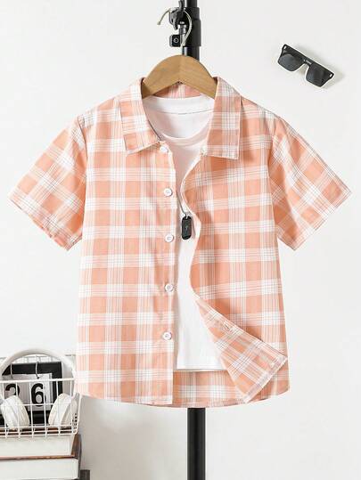 Boy's Casual Plaid Lapel Short-Sleeve Shirt, Suitable For Daily Wear, Outing, Vacation, And Banquet