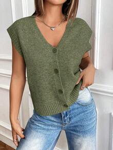 Chaleco de punto de color sólido, informal, de botonadura sencilla para mujer, otoño - Verde militar - Ver 6