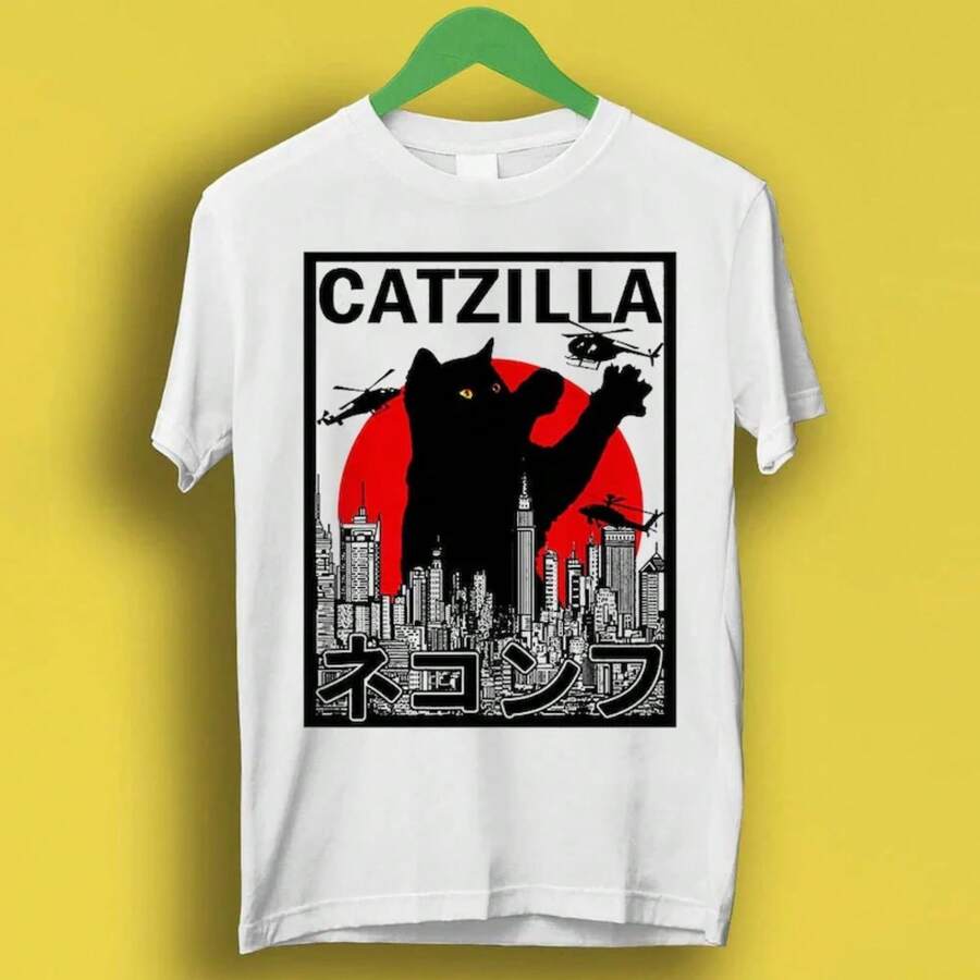 Catzilla Rey de Pawster Paws Gato Gatito Amante de las Mascotas Meme Regalo Estilo Divertido Unisex Gamer Película de Culto Música Camiseta - Blanco - Ver 1