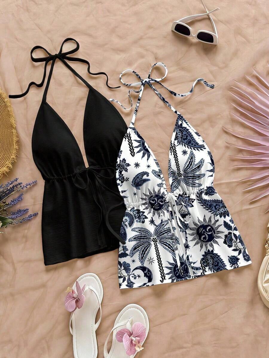 2 piezas Conjunto de top sin espalda con cuello halter y estampado floral de contraste de color, adecuado para verano, salidas, fiestas, bodas, cumpleaños, elegante - Multicolor 10 - Ver 1